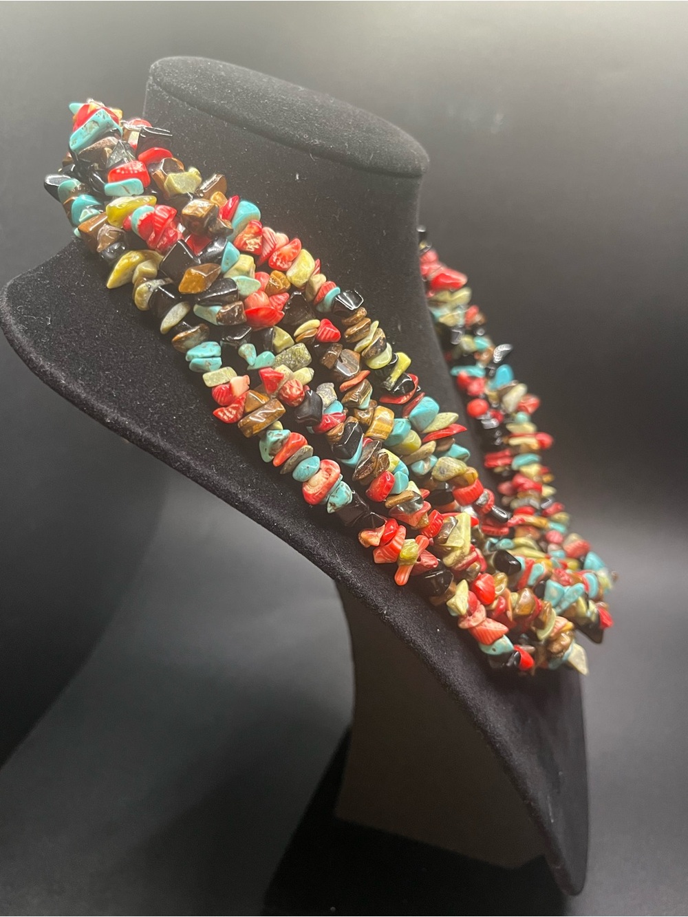 Multi Strand Gemstone Chip Necklace Turquoise Coral Tiger Eye Boho - Picture 5 of 10